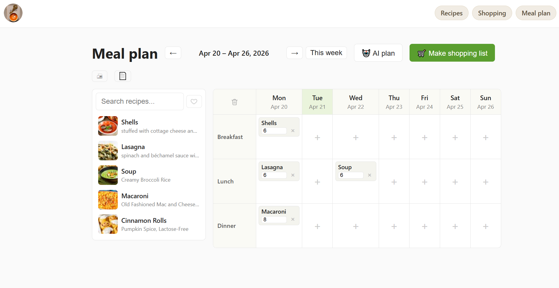 Weekly meal plan grid: seven days across, breakfast / lunch / dinner down, recipes dropped in.