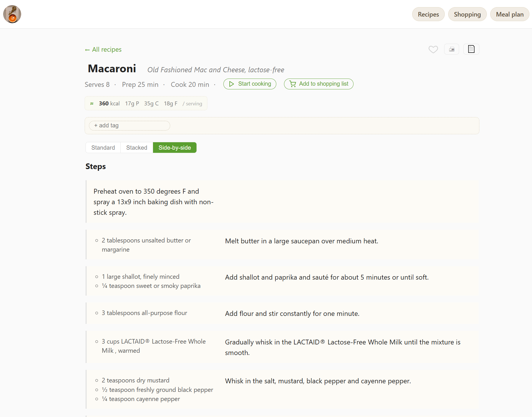 Recipe detail view with ingredients and steps side-by-side.