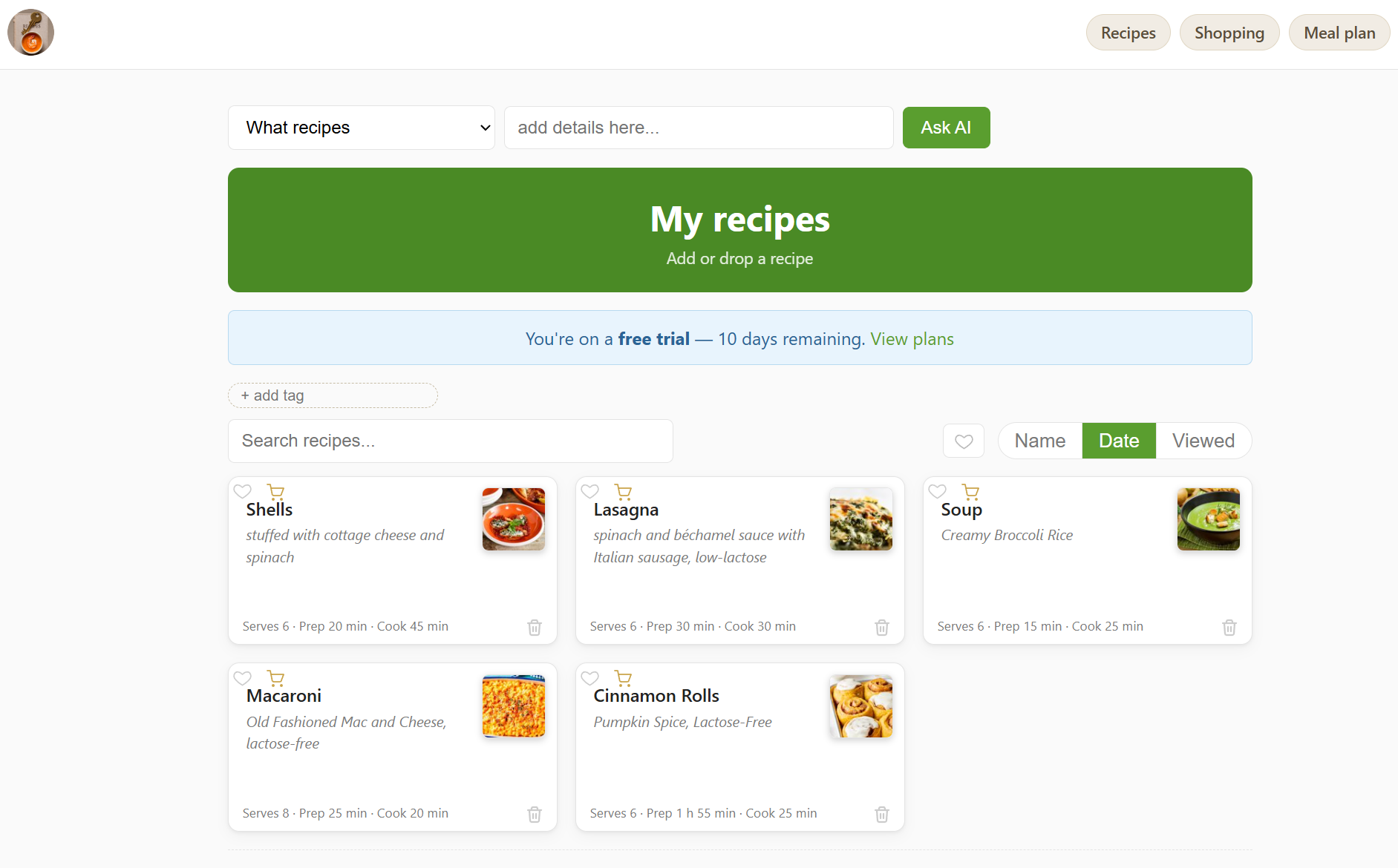Screenshot of the My Recipes grid — saved recipes as cards with photos, titles, and prep / cook times.